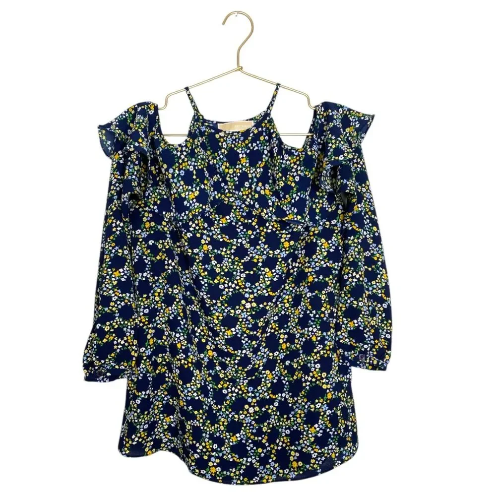 Michael Kors Navy Blue‎ Floral Cold-Shoulder Blouse Business  – Size S (WP406)